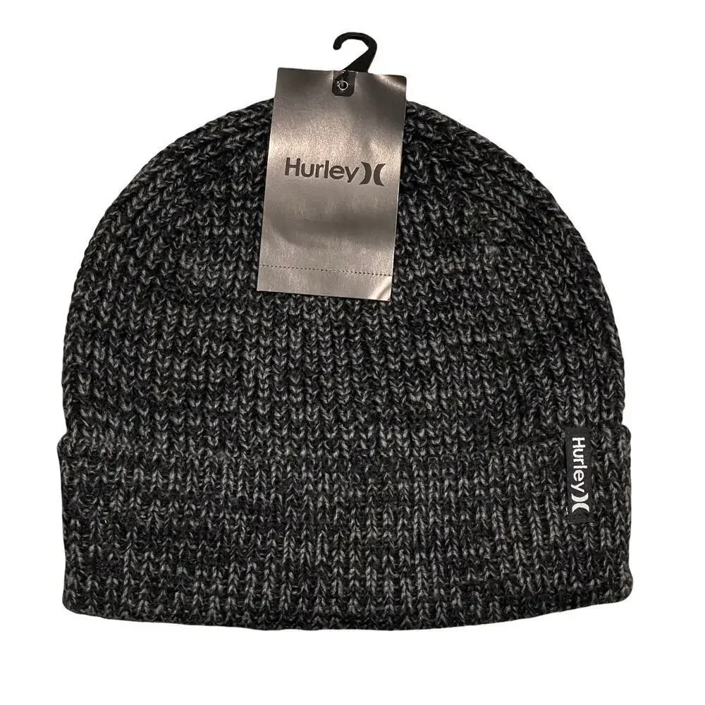 Hurley Men's Black/Grey Cuffed Beanie - Loose Knit Winter Hat One Size